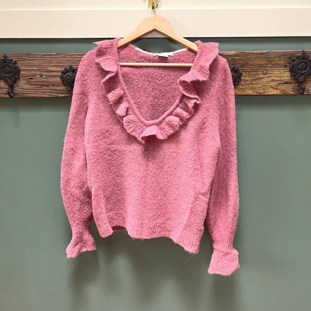 Boden Pink Alpaca Wool Blend Ruffle V-Neck‎ Sweater K0631 Womens US 12 UK 16